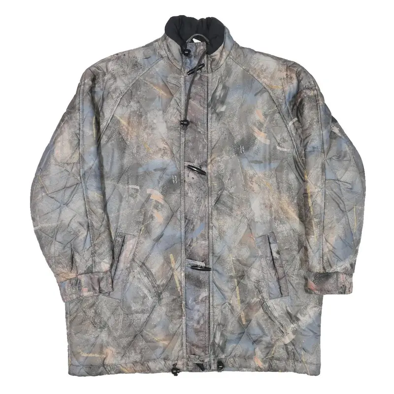 Womens Grey Abstract Print Quilted Jacket Xl Polyester Blend Button Closure 1