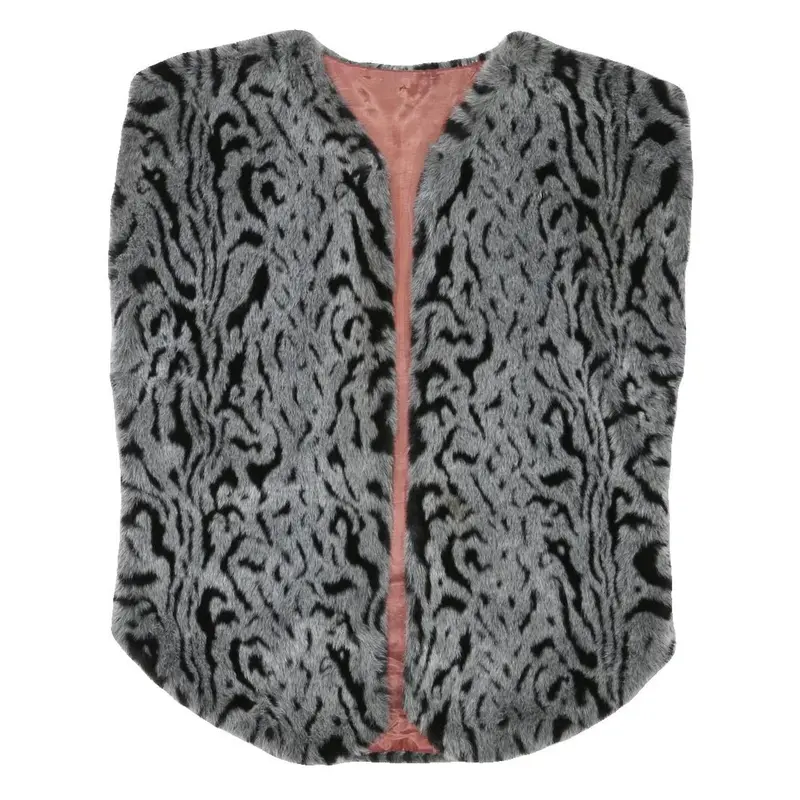 Womens Grey Black Animal Print Faux Fur Jacket L Polyester Blend Sleeveless Open 1