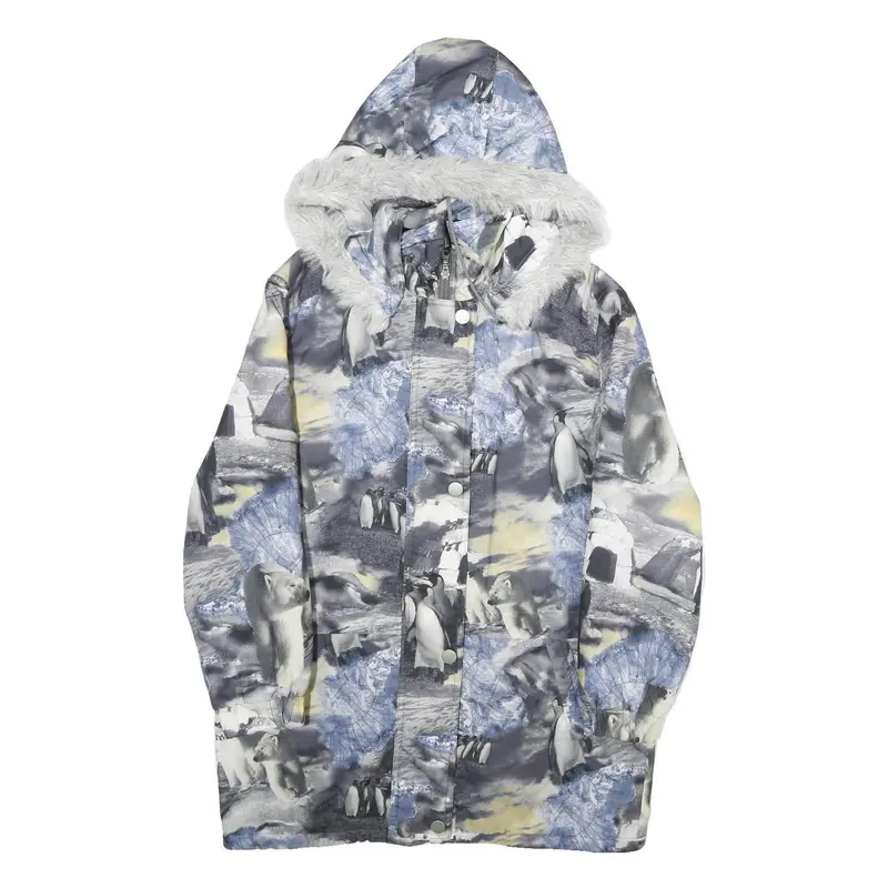 Womens Grey & Blue Arctic Animal Printed Jacket M Polyester Zip Hooded 1