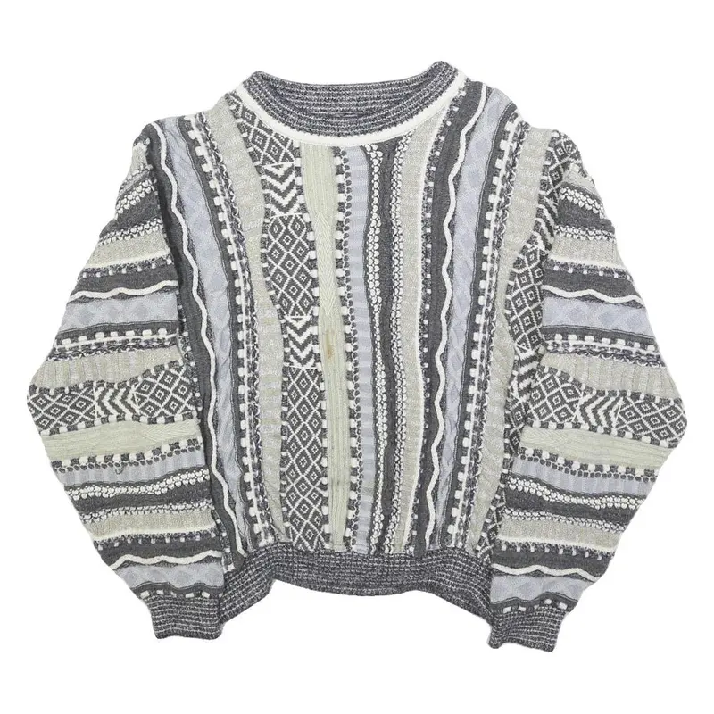 Womens Grey & Cream Patterned Cotton Blend Jumper Crew Neck Chunky Knit M Casual 1