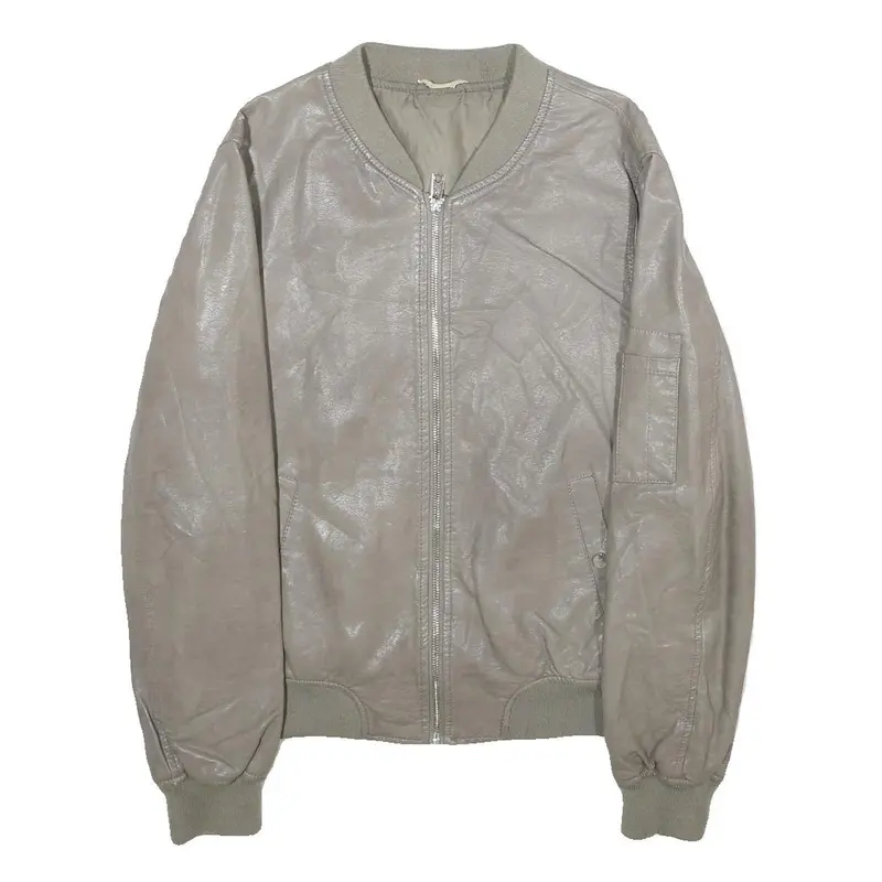 Womens Grey Faux Leather Bomber Jacket Xl Woven Plain Zip Closure Pocket 1