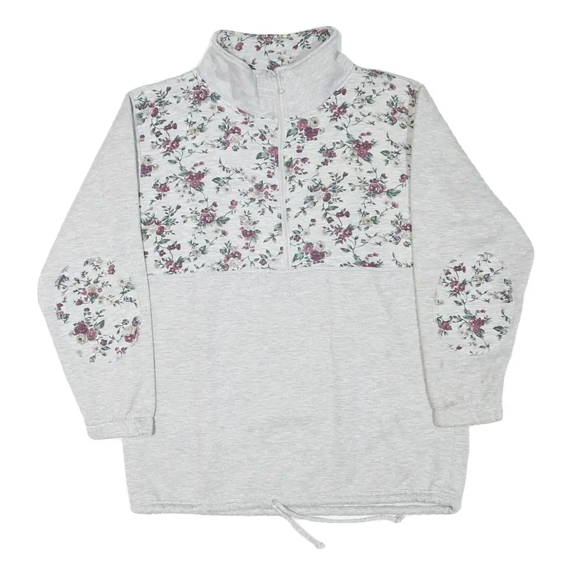 Womens Grey Floral Print Half Zip Sweatshirt M Cotton Blend Casual Style 1