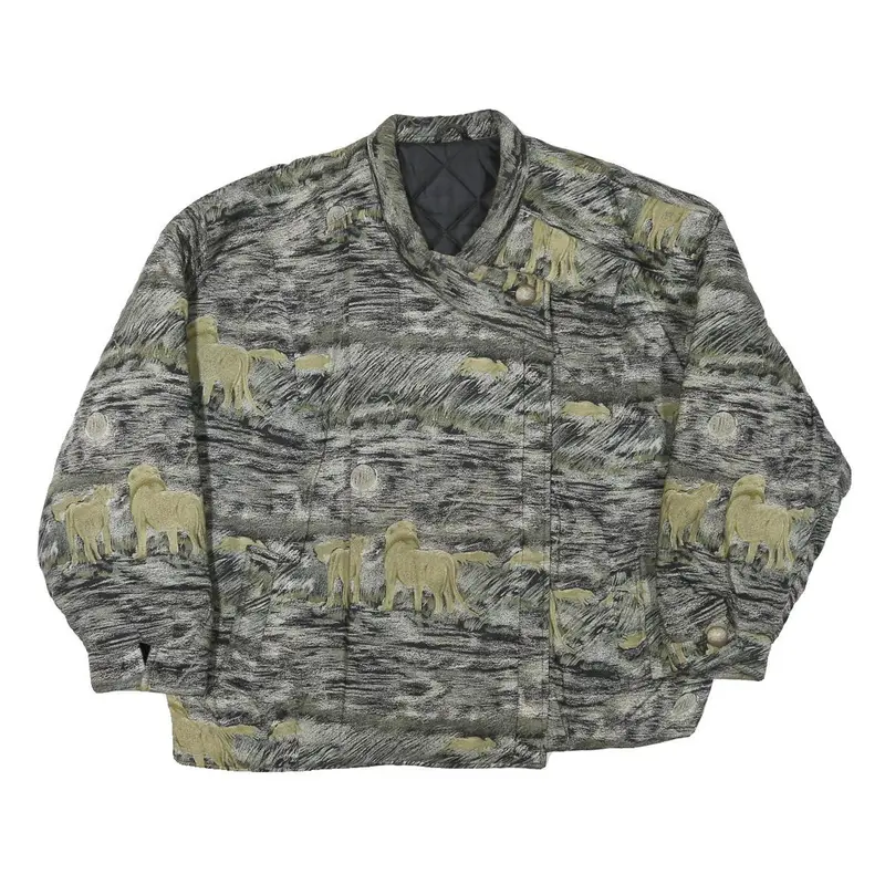 Womens Grey & Green Horse Motif Button Jacket L Polyester Blend Animal Pattern 1