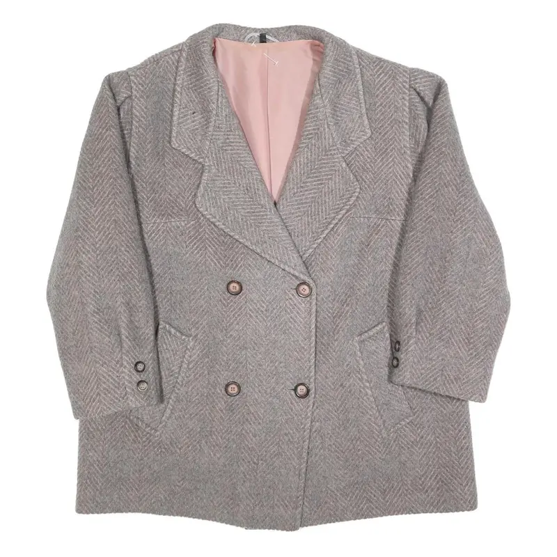 Womens Grey & Pink Plain Double Breasted Jacket L Woven Button Closure 1