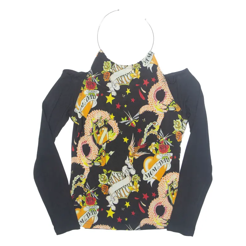 Womens Halter Neck Top Black Long Sleeve Crazy Pattern S 1