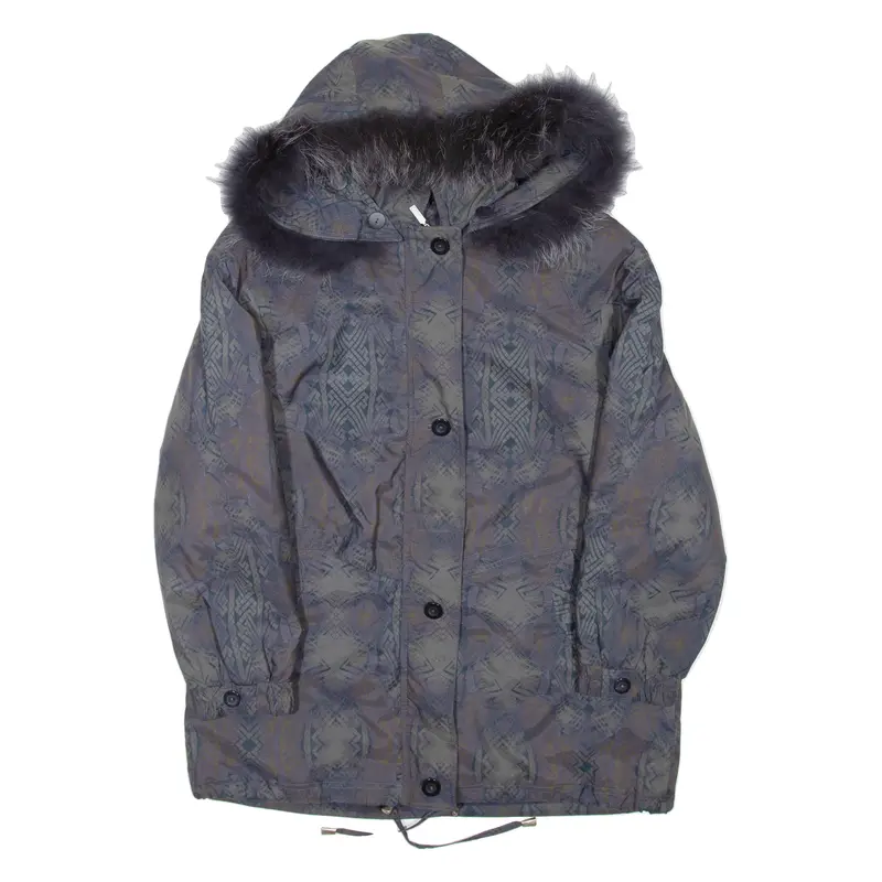 Womens Jacket Blue Hooded Crazy Pattern L 1