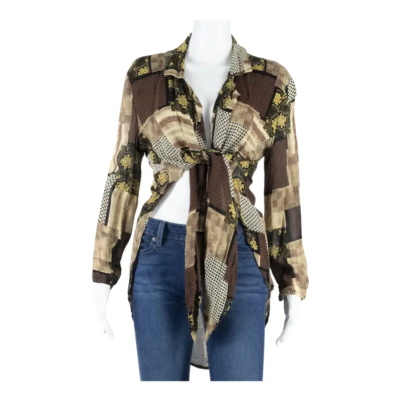 Womens Kimono Blouse Brown Long Sleeve Crazy Pattern M 1