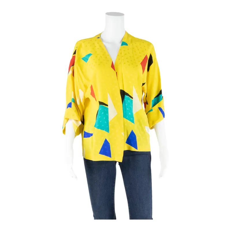 Womens Kimono Waistcoat Yellow 3/4 Sleeve Crazy Pattern M 1