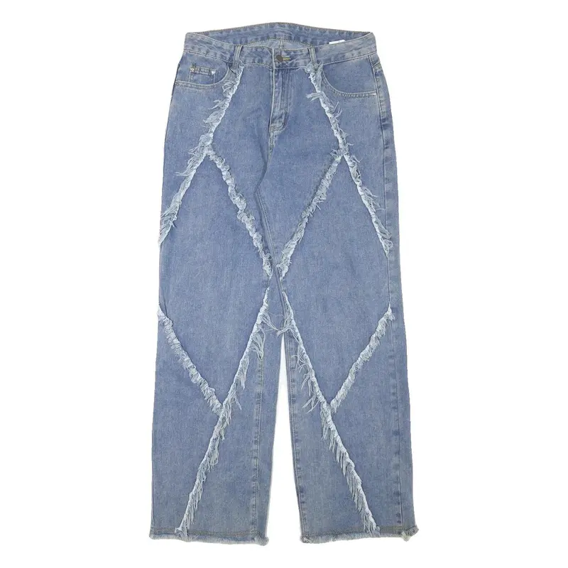 Womens Light Blue Relaxed Straight Denim Jeans W32 L31 Frayed Panel Detail Zip 1