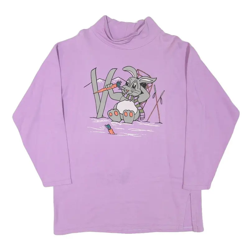 Womens Lilac Sweatshirt L Cartoon Bunny Graphic Roll Neck Cotton Blend Pullover 1