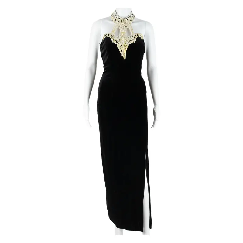 Womens Maxi Dress Black Velvet Sleeveless Long S 1