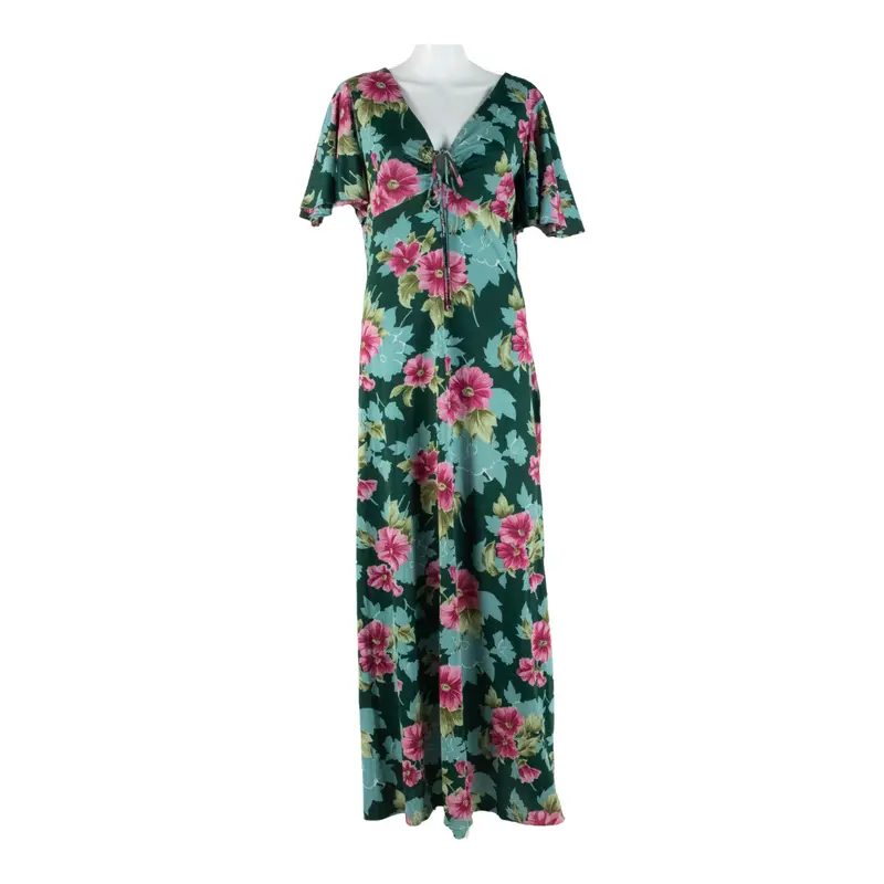 Womens Maxi Dress Green Floral Short Sleeve Long M 1