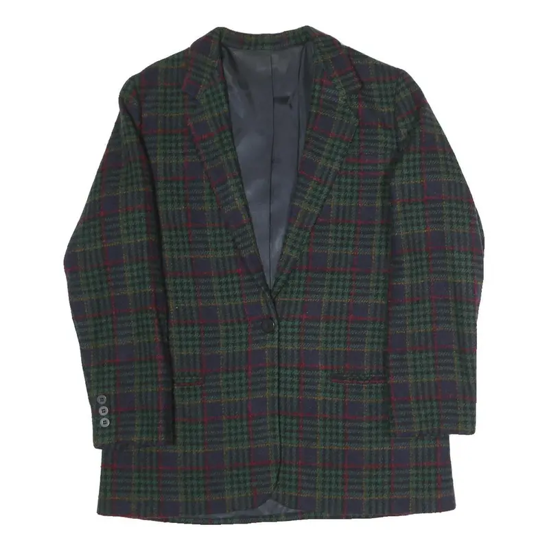 Womens Navy Green Red Pattern Button Jacket L Polyester Blend Classic Tailored 1