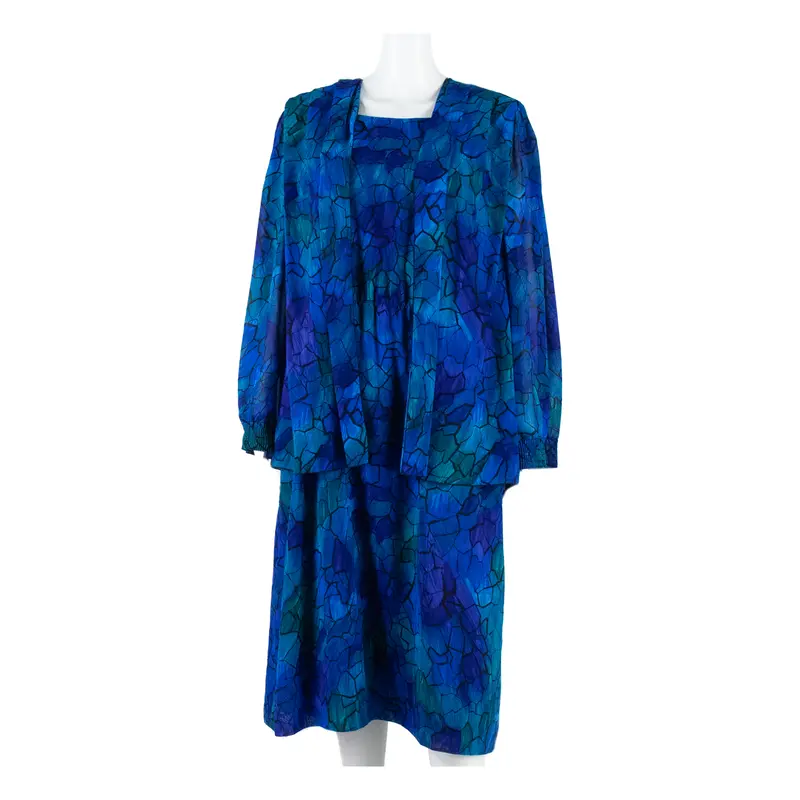 Womens Pencil Dress Blue 90S Crazy Pattern Long Sleeve Midi M 1