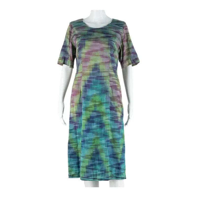 Womens Pencil Dress Green Crazy Pattern Short Sleeve Midi S 1