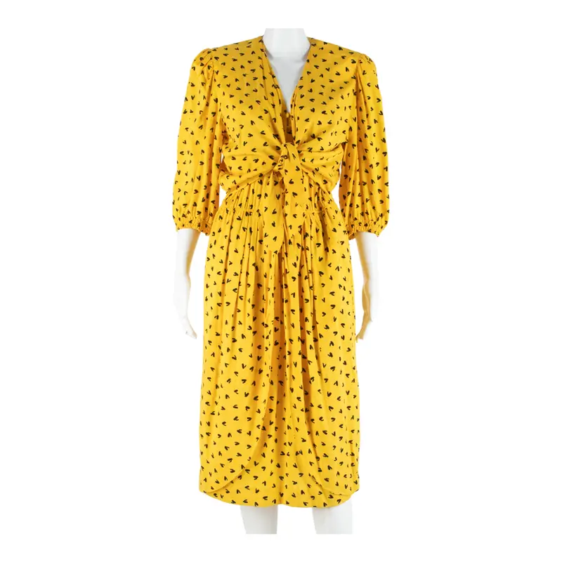 Womens Pencil Dress Yellow 90S Spotted Midi M 1