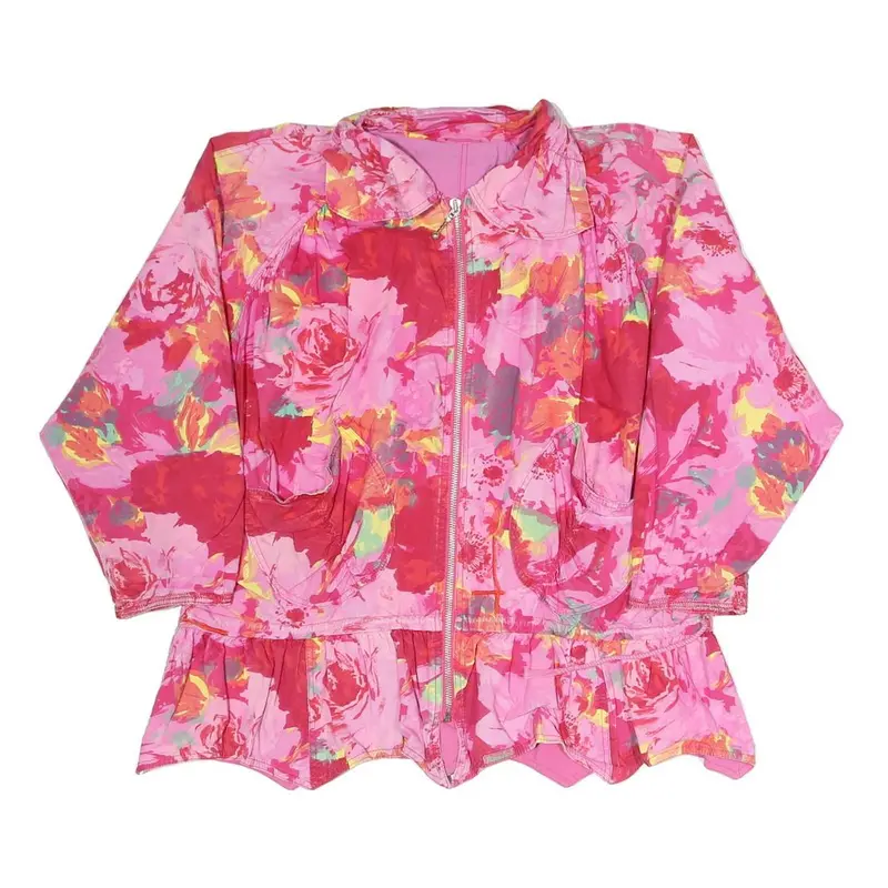 Womens Pink Floral Print Zip Jacket L Polyester Blend Lightweight Casual 1