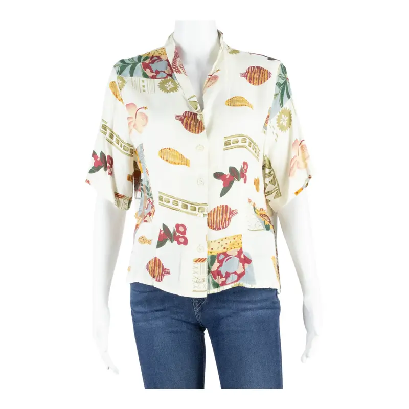 Womens Printed Blouse Beige V-Neck Crazy Pattern Uk 14 1
