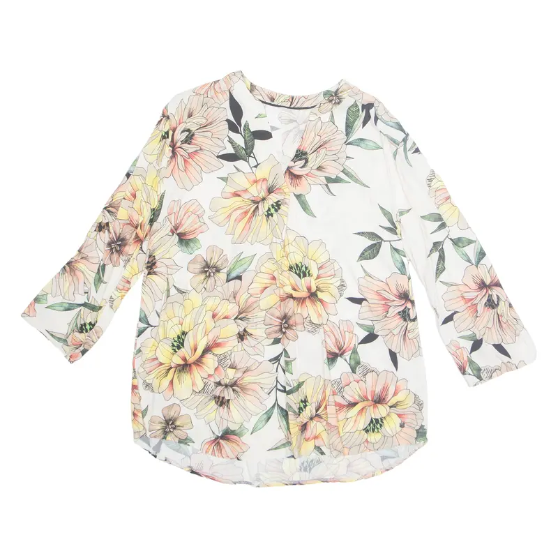 Womens Printed Blouse Beige V-Neck Long Sleeve Viscose Floral S 1
