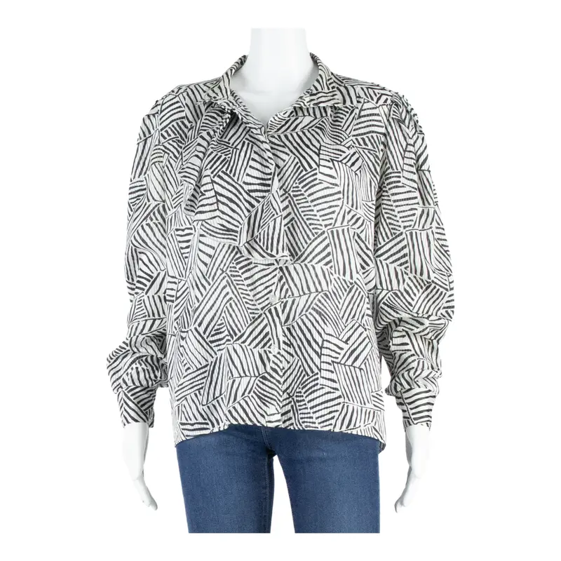 Womens Printed Blouse Black Collared Long Sleeve Chevron L 1