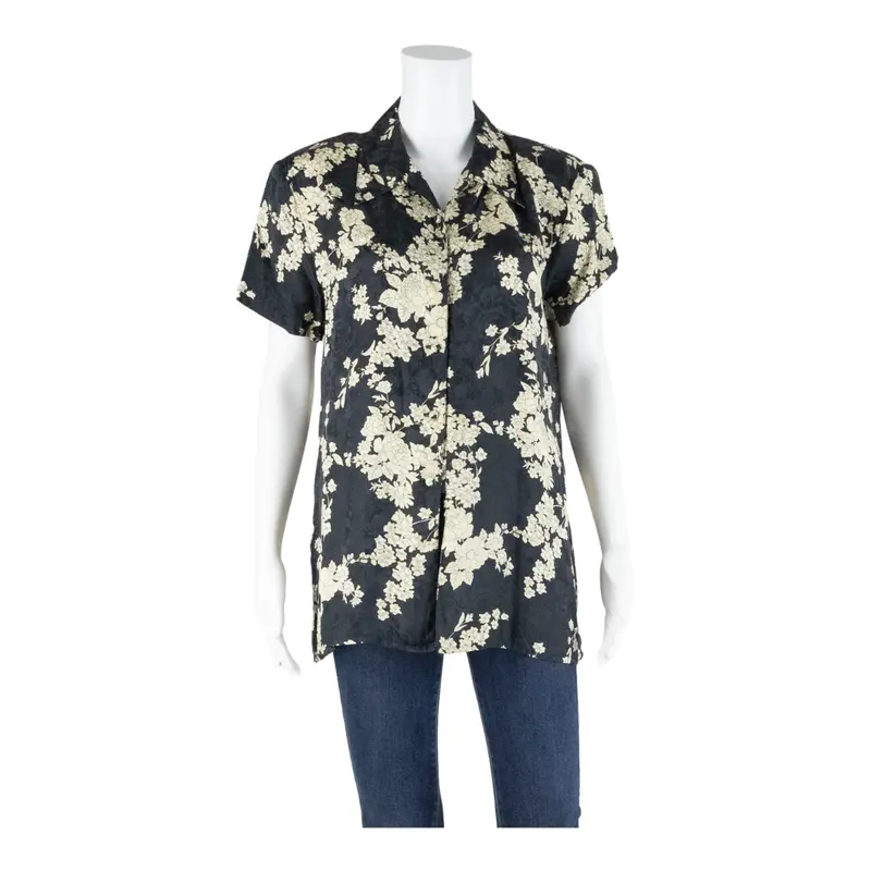 Womens Printed Blouse Black Silk Floral M 1
