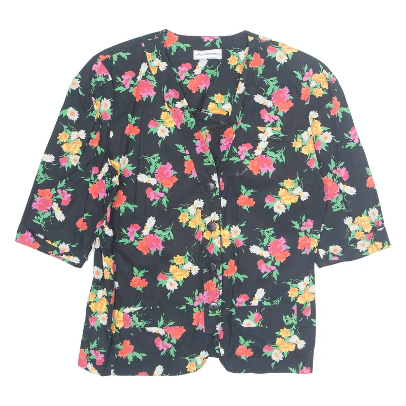 Womens Printed Blouse Black V-Neck 3/4 Sleeve Floral L 1