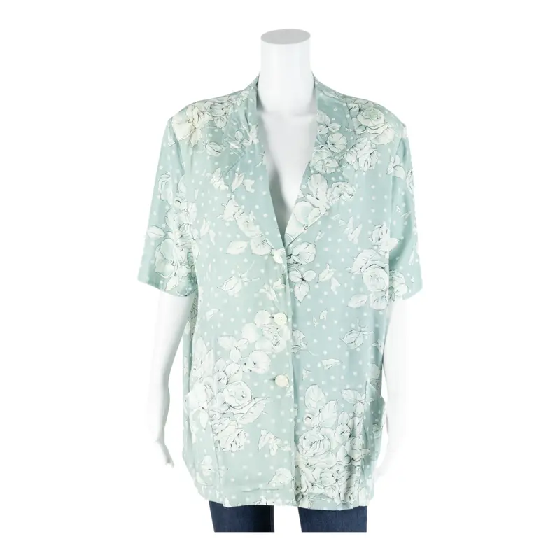 Womens Printed Blouse Blue Button Neck 90S Floral L 1
