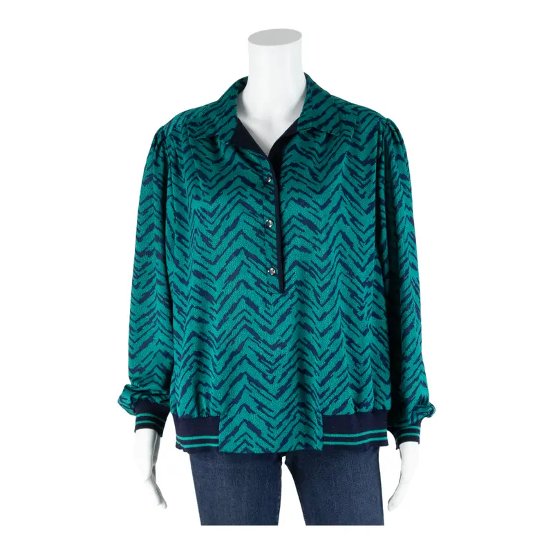Womens Printed Blouse Blue Collared Long Sleeve Chevron L 1