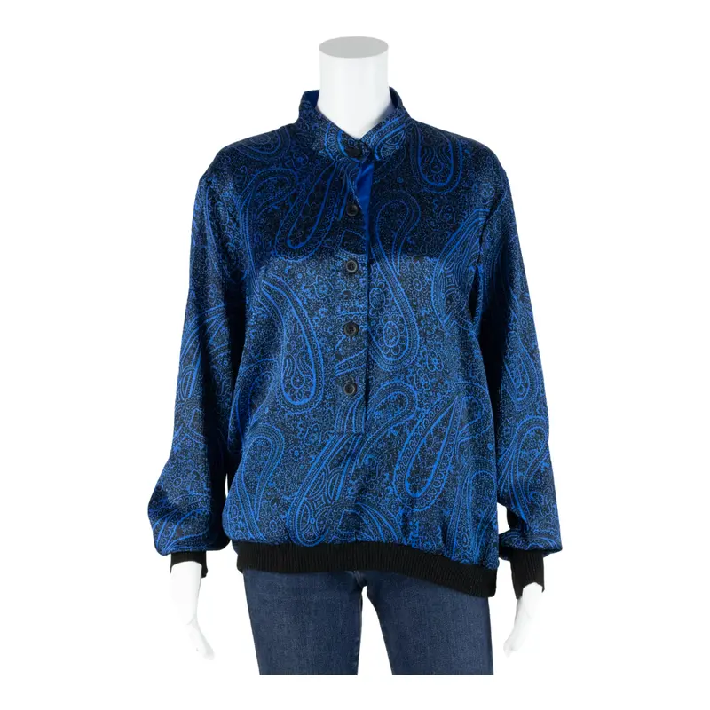 Womens Printed Blouse Blue Collared Long Sleeve Paisley L 1