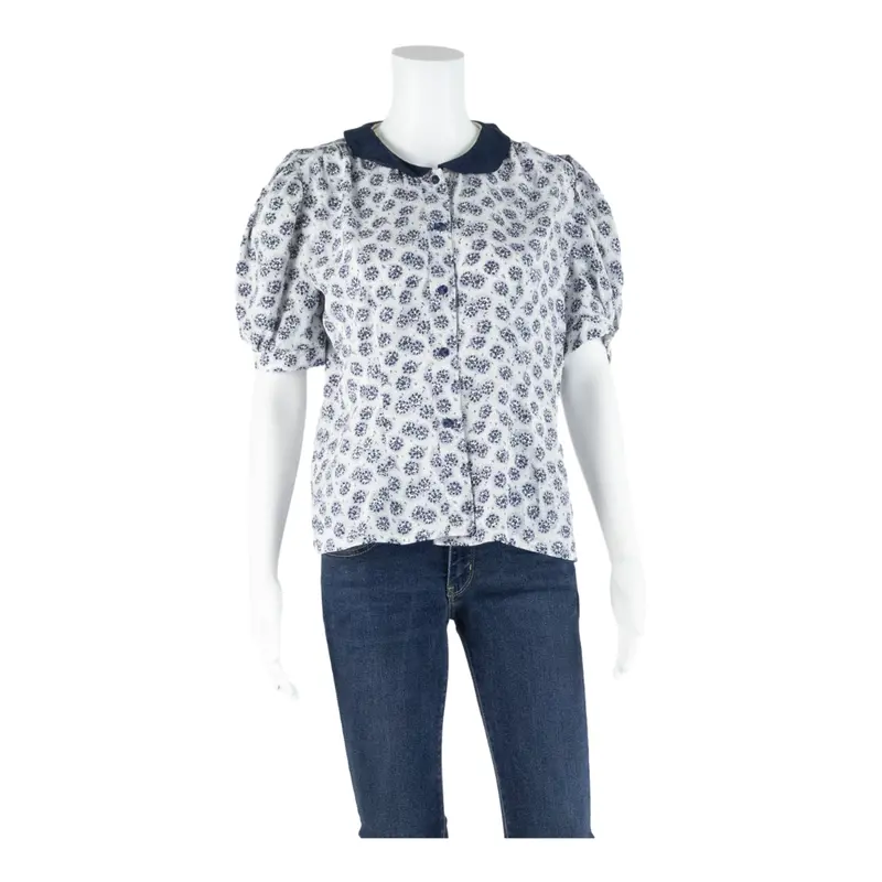 Womens Printed Blouse Blue Puff Sleeve Floral S 1