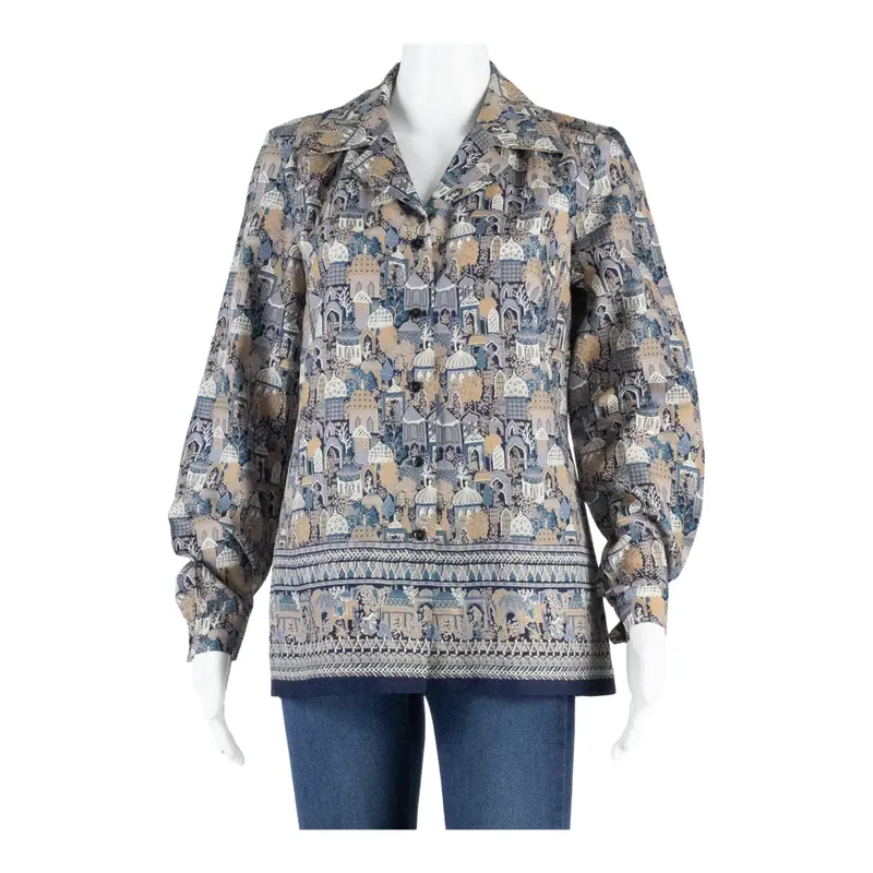 Womens Printed Blouse Blue V-Neck Long Sleeve Crazy Pattern L 1