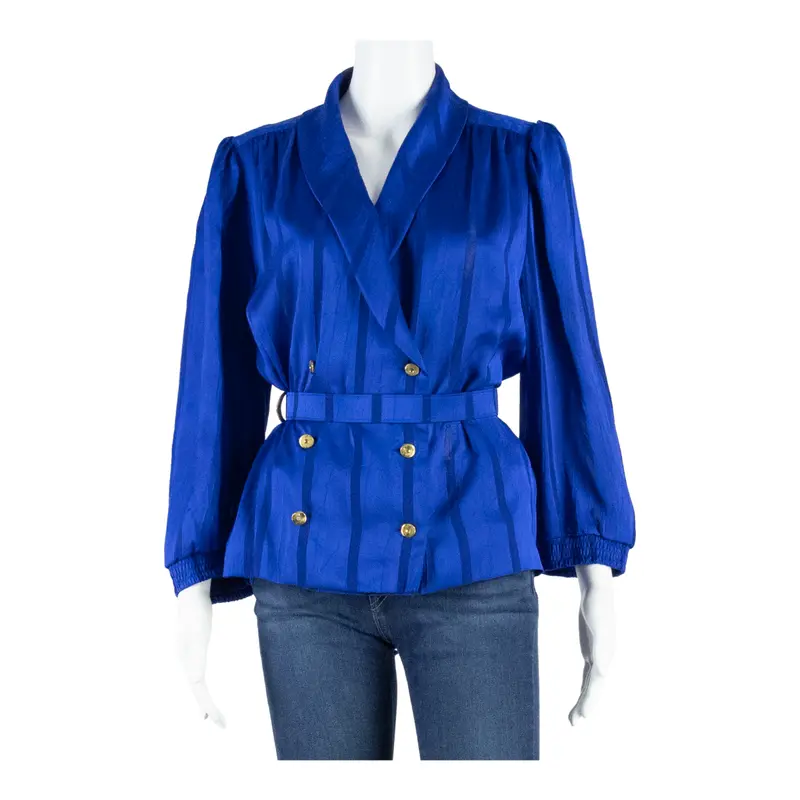 Womens Printed Blouse Blue V-Neck Puff Sleeve Striped M 1