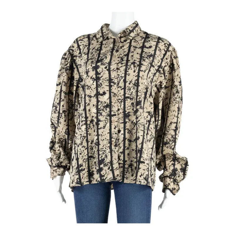 Womens Printed Blouse Brown Puff Sleeve Striped Xl 1