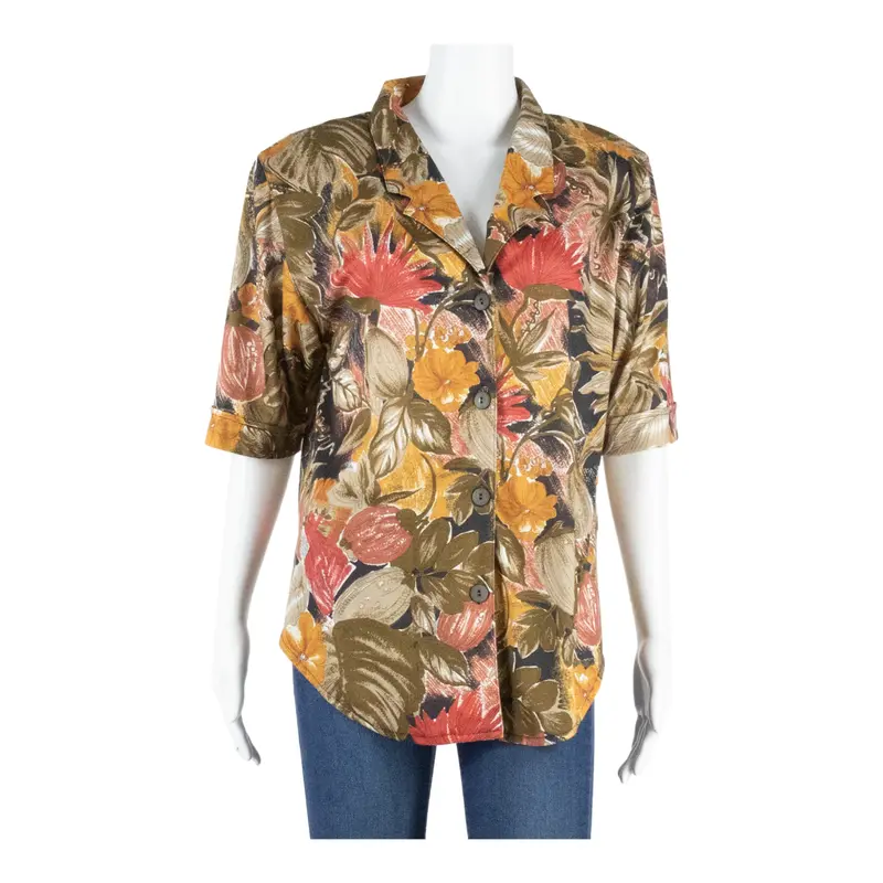 Womens Printed Blouse Brown V-Neck Floral L 1