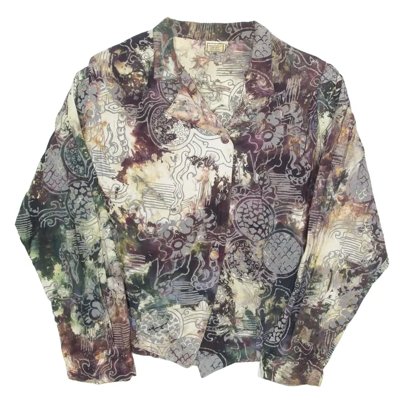 Womens Printed Blouse Brown V-Neck Long Sleeve Crazy Pattern L 1