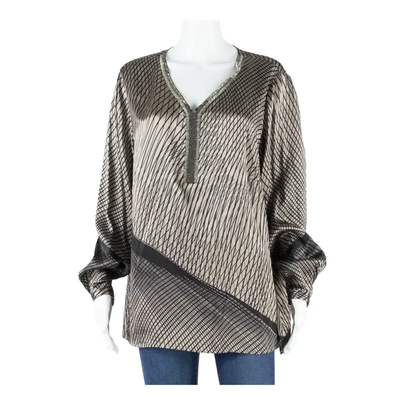 Womens Printed Blouse Brown V-Neck Long Sleeve Geometric M 1