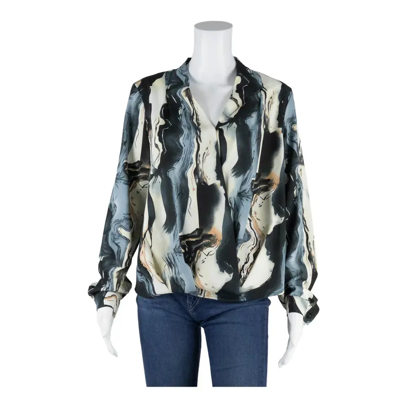 Womens Printed Blouse Cream V-Neck Long Sleeve Crazy Pattern L 1