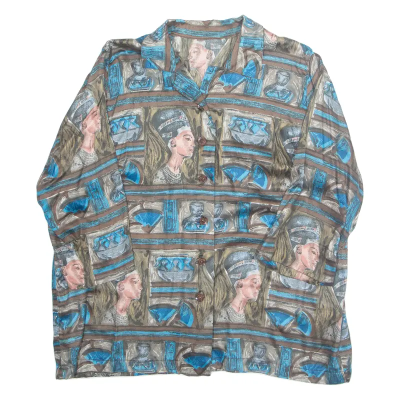 Womens Printed Blouse Green Collared Crazy Pattern L 1