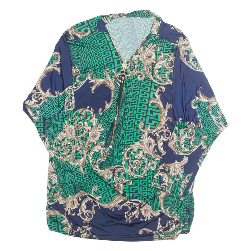 Womens Printed Blouse Green High Neck 3/4 Sleeve Geometric L 1