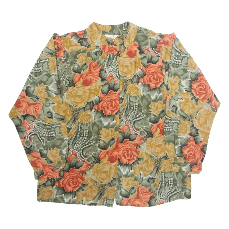 Womens Printed Blouse Green High Neck Long Sleeve Floral L 1