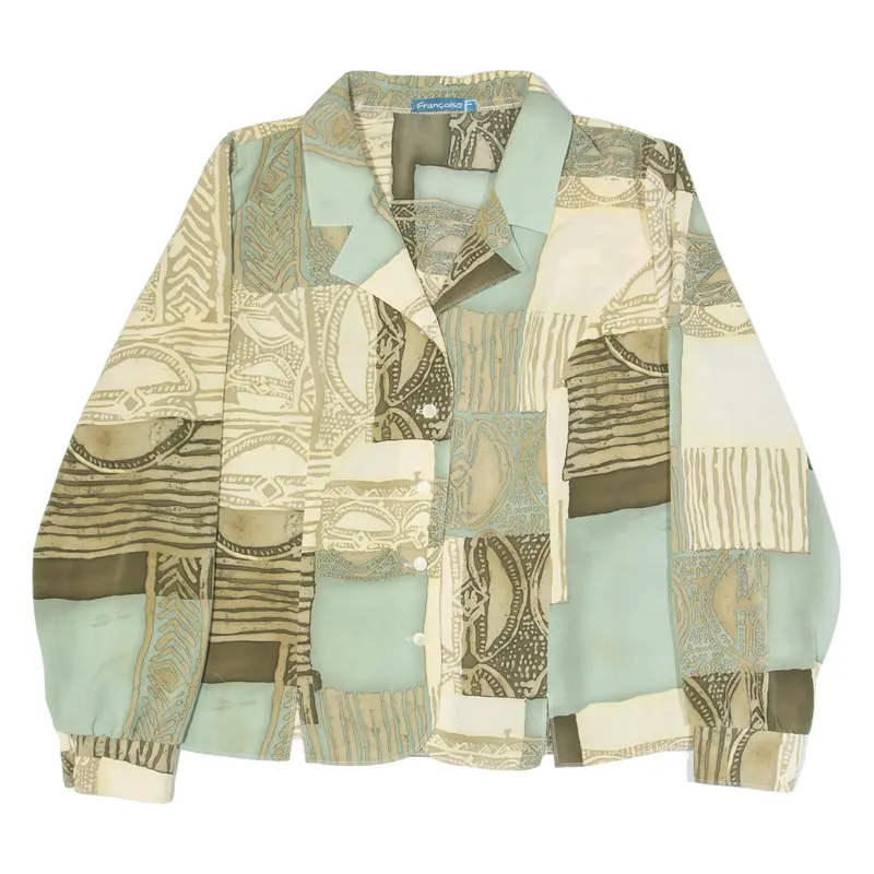 Womens Printed Blouse Green V-Neck Long Sleeve Crazy Pattern Xl 1