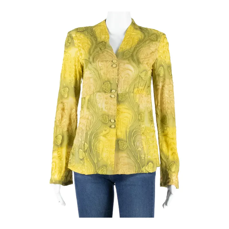 Womens Printed Blouse Green V-Neck Long Sleeve Paisley S 1