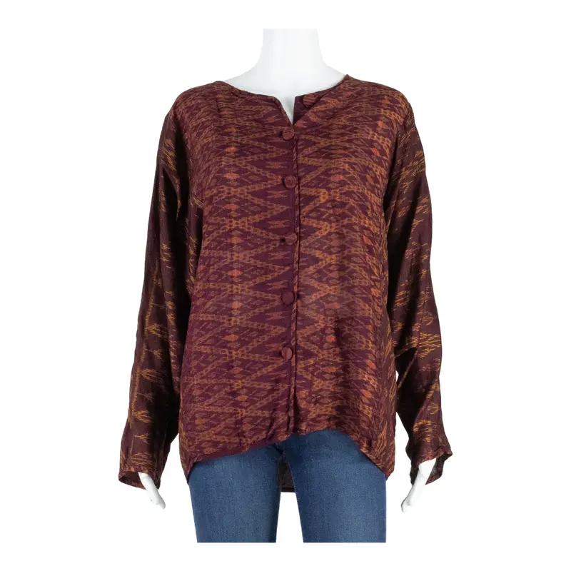 Womens Printed Blouse Maroon Long Sleeve Crazy Pattern Xl 1