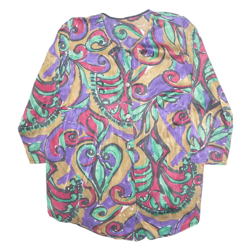 Womens Printed Blouse Purple V-Neck Long Sleeve Faux Silk Crazy Pattern M 1