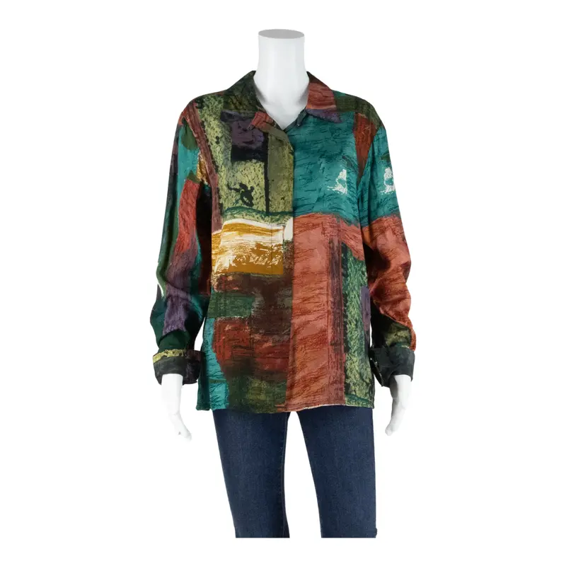 Womens Printed Blouse Red Long Sleeve Crazy Pattern L 1