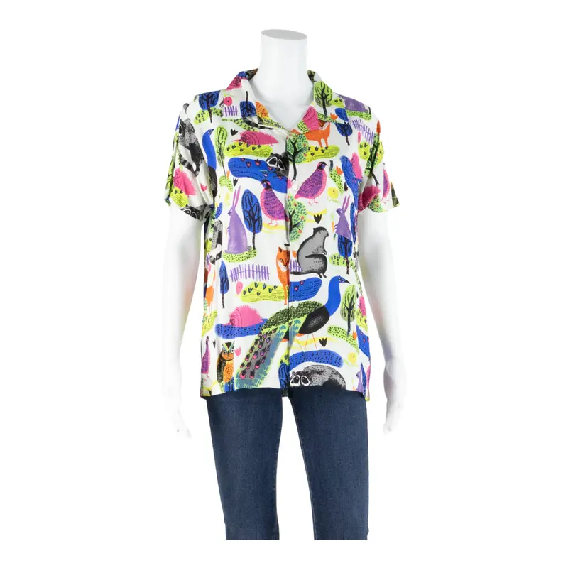 Womens Printed Blouse White V-Neck Animal Print M 1