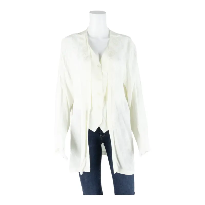 Womens Printed Blouse White V-Neck Long Sleeve Floral L 1