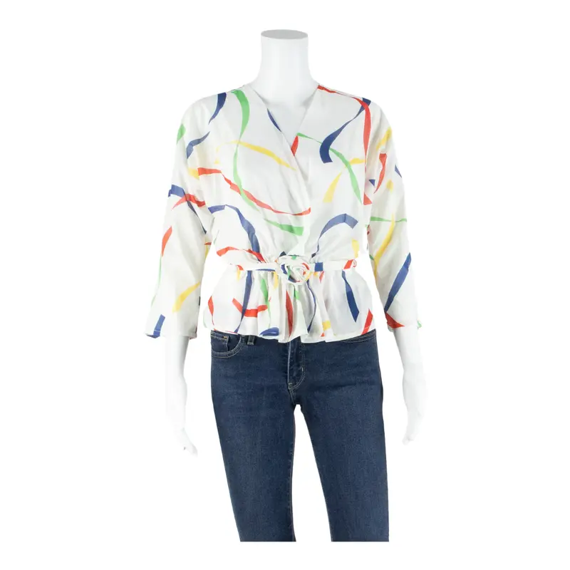 Womens Printed Blouse White V-Neck Long Sleeve Striped Xs 1