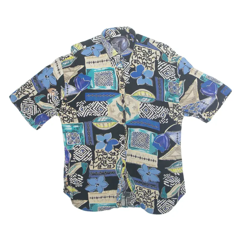 Womens Printed Shirt Black Collared Crazy Pattern L 1