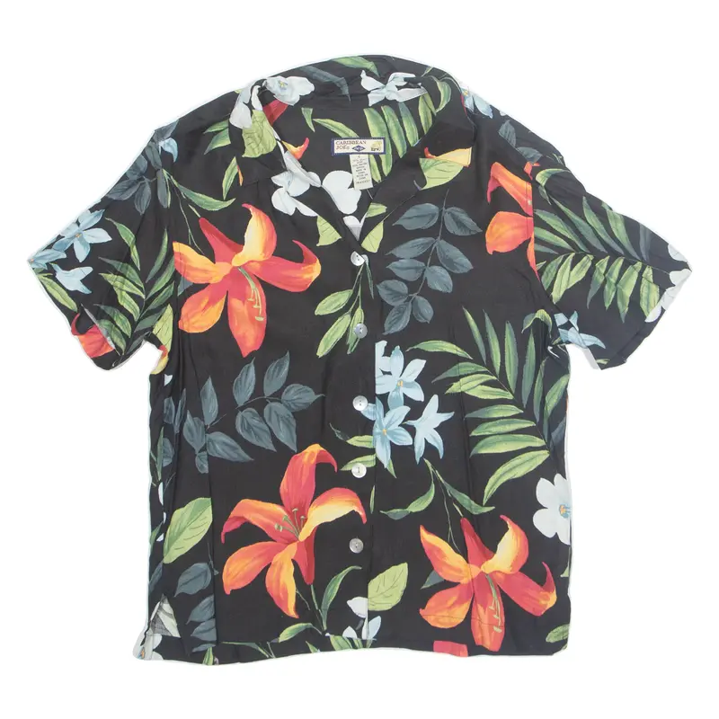 Womens Printed Shirt Black Collared Silk Floral S 1
